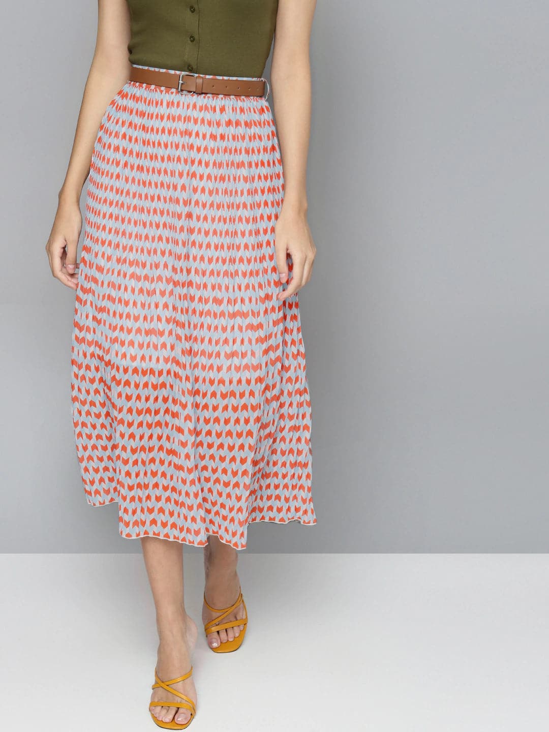 Orange Arrow Geo Print Belted Skirt-Skirts-SASSAFRAS