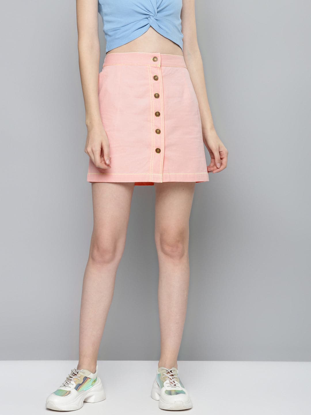 Pink Contrast Stitch Mini Skirt-Skirts-SASSAFRAS