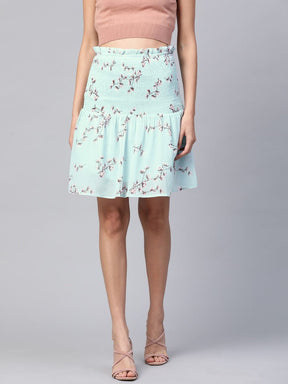 Blue Floral Smocked Mini Skirt-Skirts-SASSAFRAS