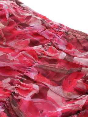 Red Floral Mesh Side Rouched Skirt