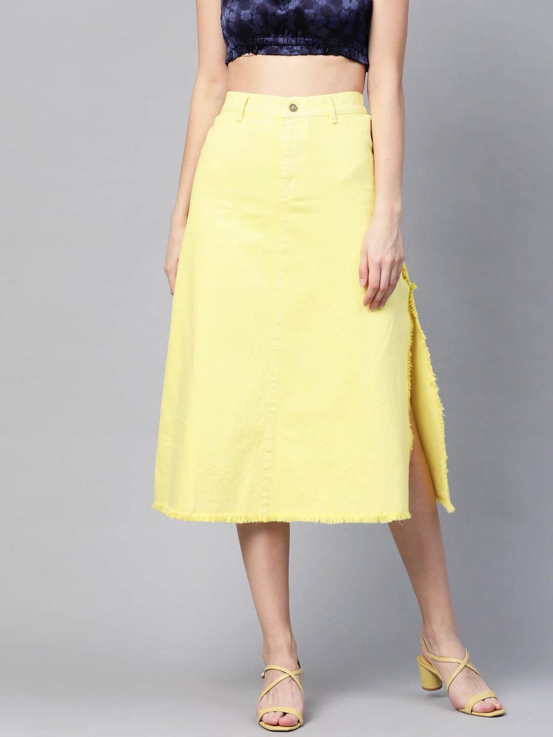 Yellow Denim Asymmetrical Skirt-Skirts-SASSAFRAS