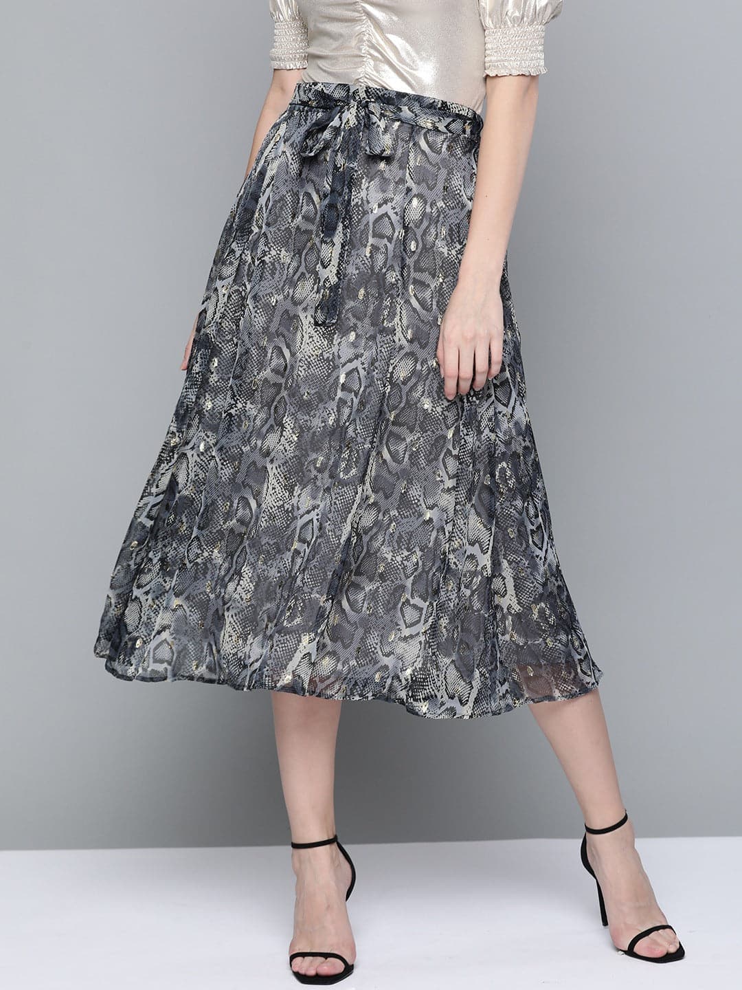Grey Animal Lurex Print Front Belted Skirt-Skirts-SASSAFRAS