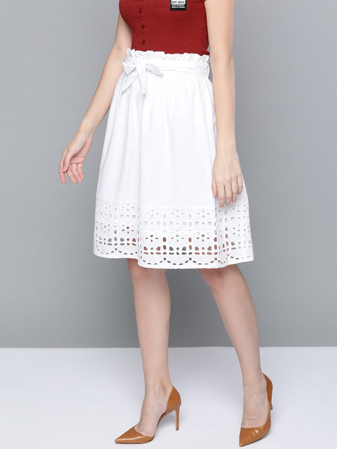 White Schiffli Flared Midi Skirt