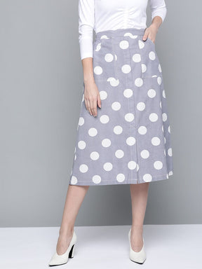 Grey & White Polka Front Slit Midi Skirt-Skirts-SASSAFRAS