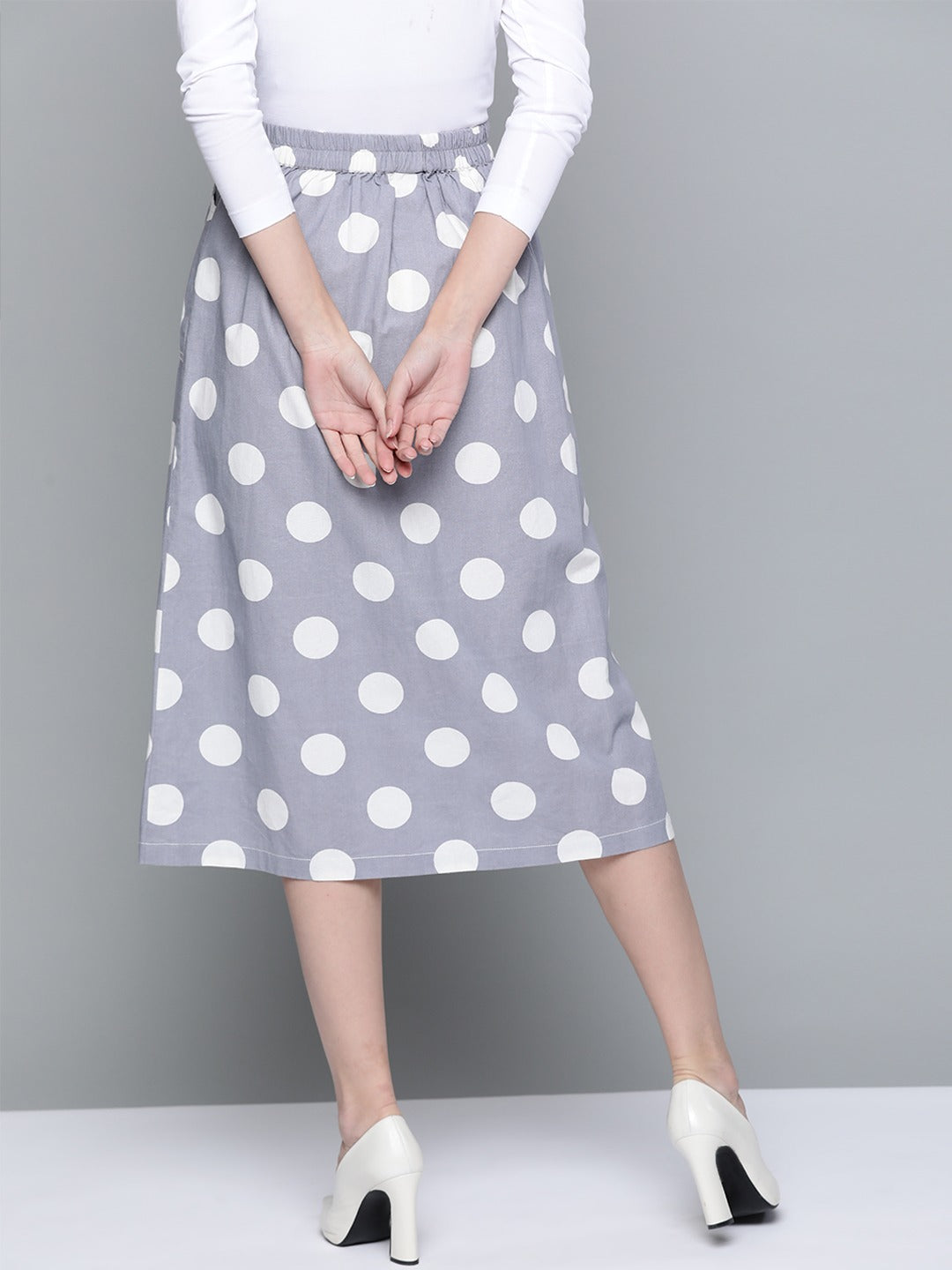 Grey & White Polka Front Slit Midi Skirt