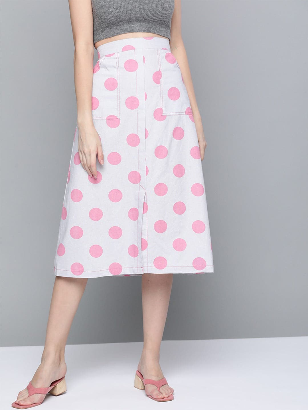 Pink & Grey Polka Front Slit Midi Skirt-Skirts-SASSAFRAS