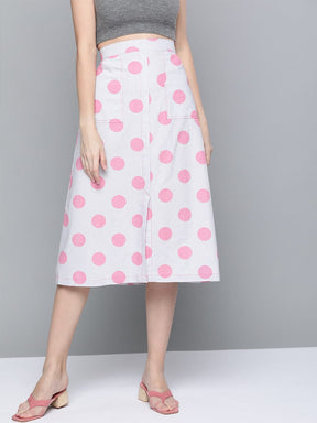 Pink & Grey Polka Front Slit Midi Skirt-Skirts-SASSAFRAS