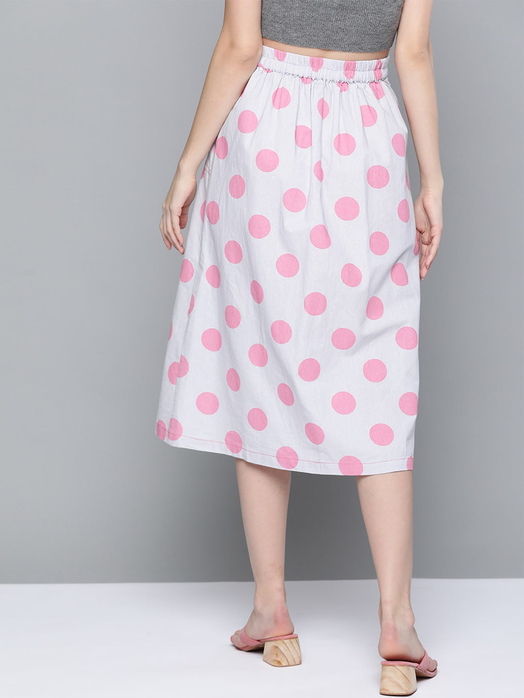 Pink & Grey Polka Front Slit Midi Skirt