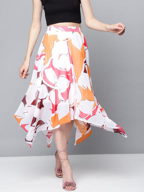 Orange Floral Asymmetric Midi Skirt-Skirts-SASSAFRAS