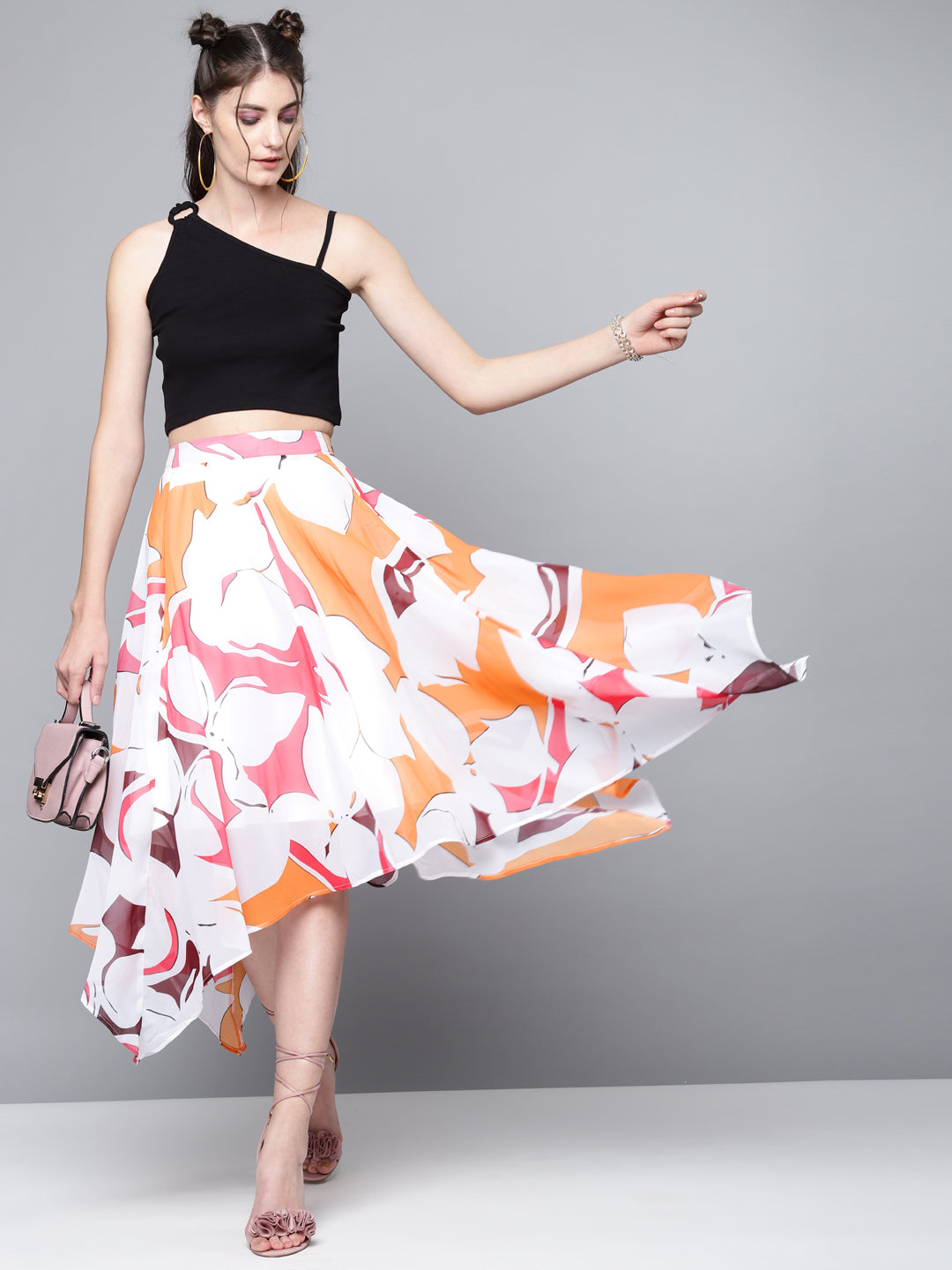 Orange Floral Asymmetric Midi Skirt