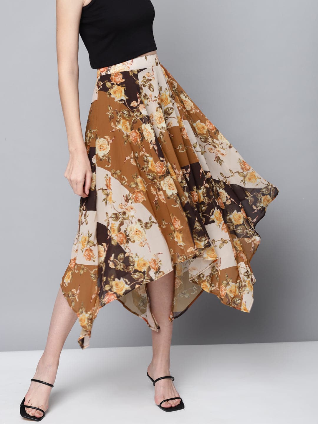 Brown Floral Asymmetric Midi Skirt-Skirts-SASSAFRAS