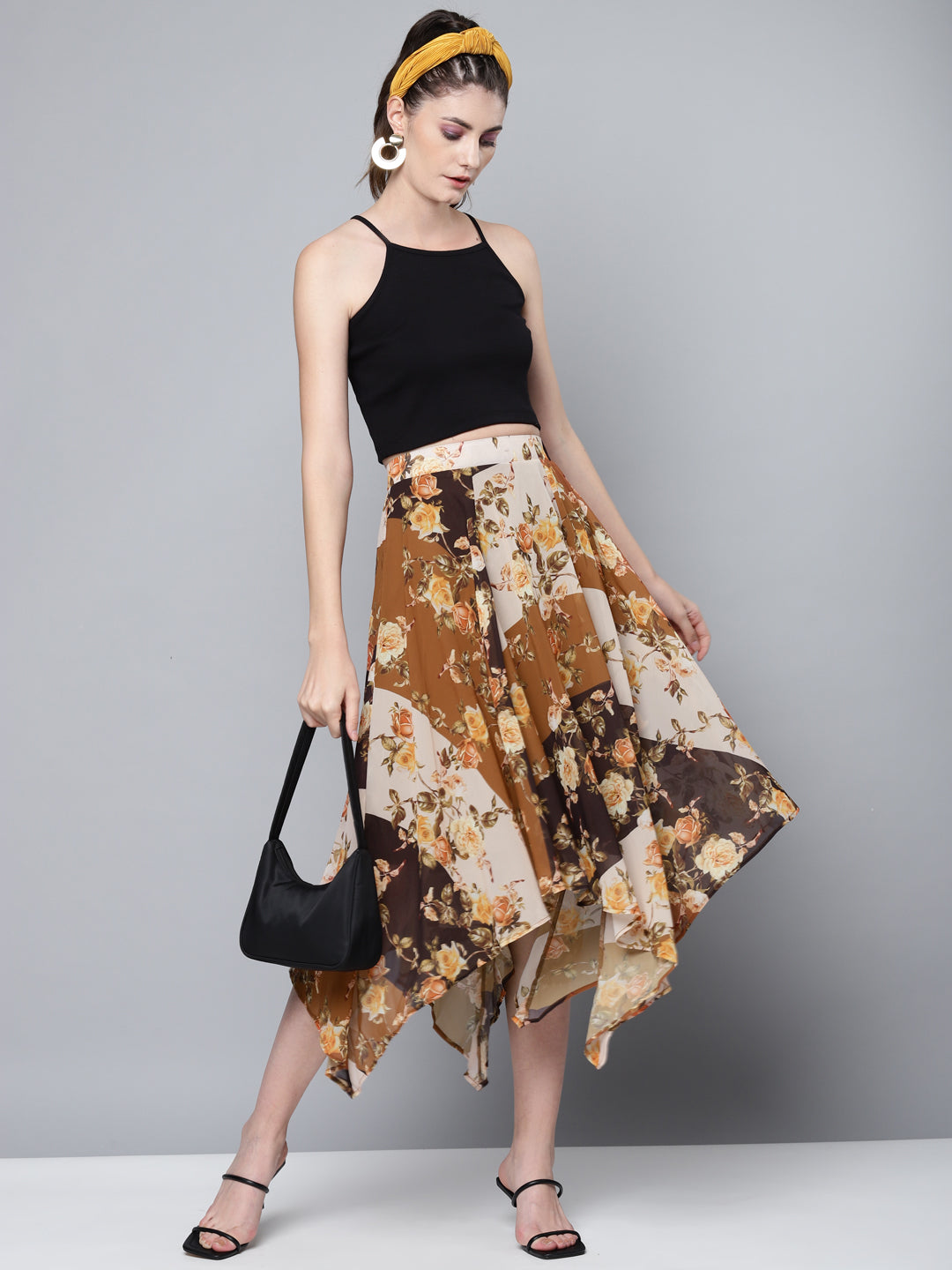 Brown Floral Asymmetric Midi Skirt