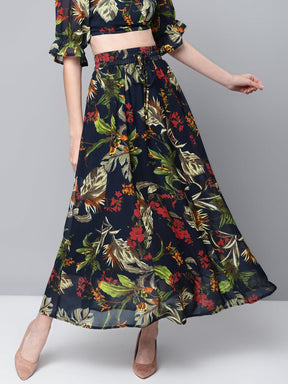 Navy Floral Maxi Skirt-Skirts-SASSAFRAS