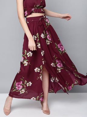 Maroon Floral Maxi Skirt-Skirts-SASSAFRAS