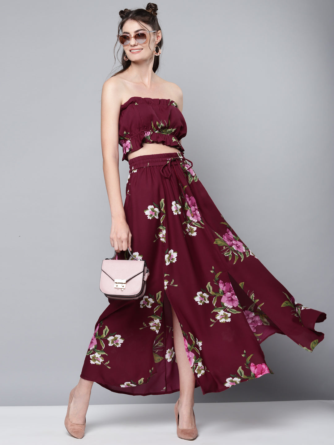 Maroon Floral Maxi Skirt