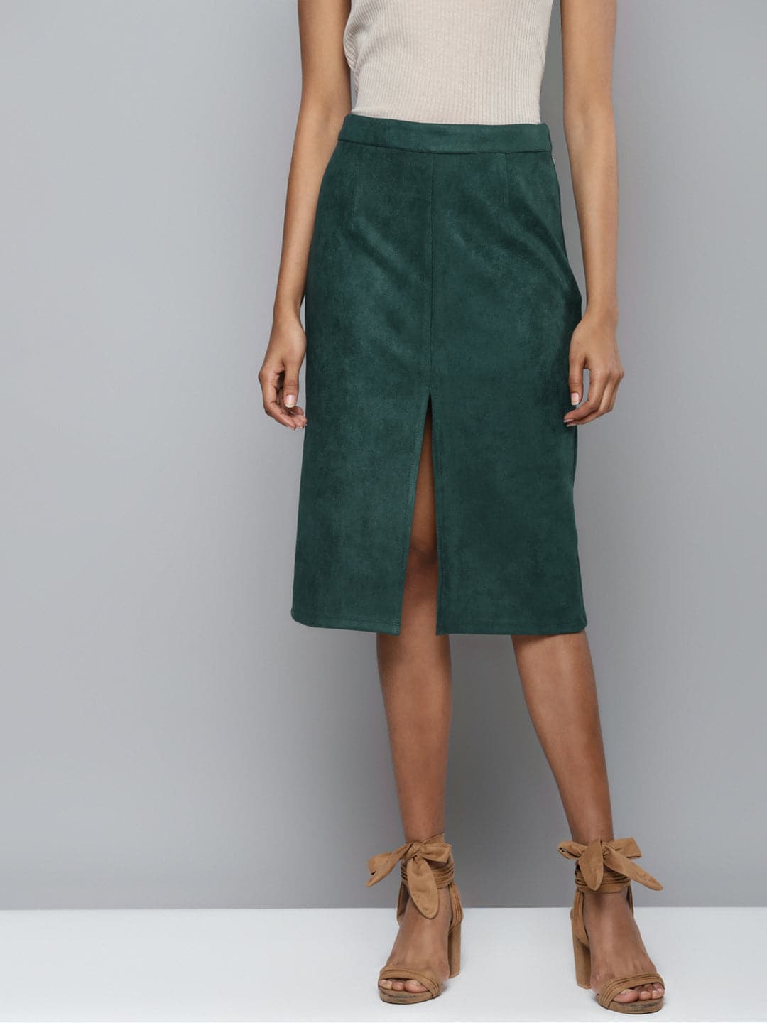 Emerald Green Suede Pencil Skirt-Skirts-SASSAFRAS