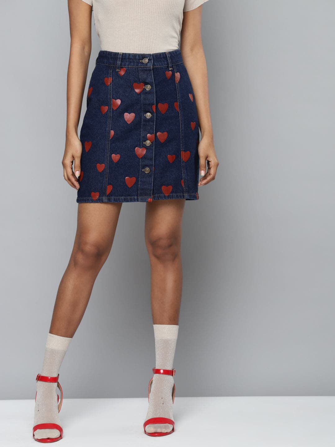 Blue Denim Red Heart Print Mini Skirt-Skirts-SASSAFRAS