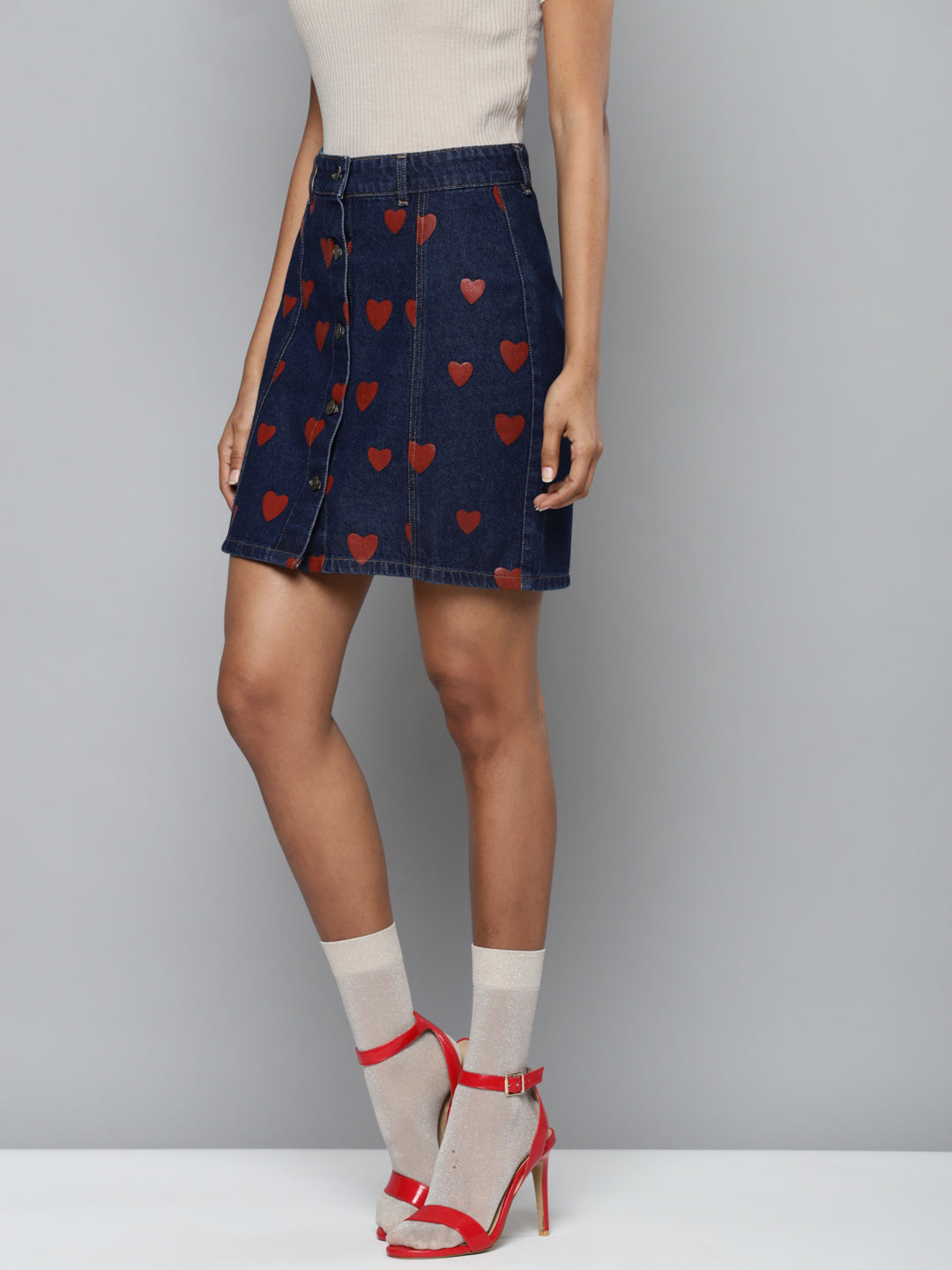 Blue Denim Red Heart Print Mini Skirt