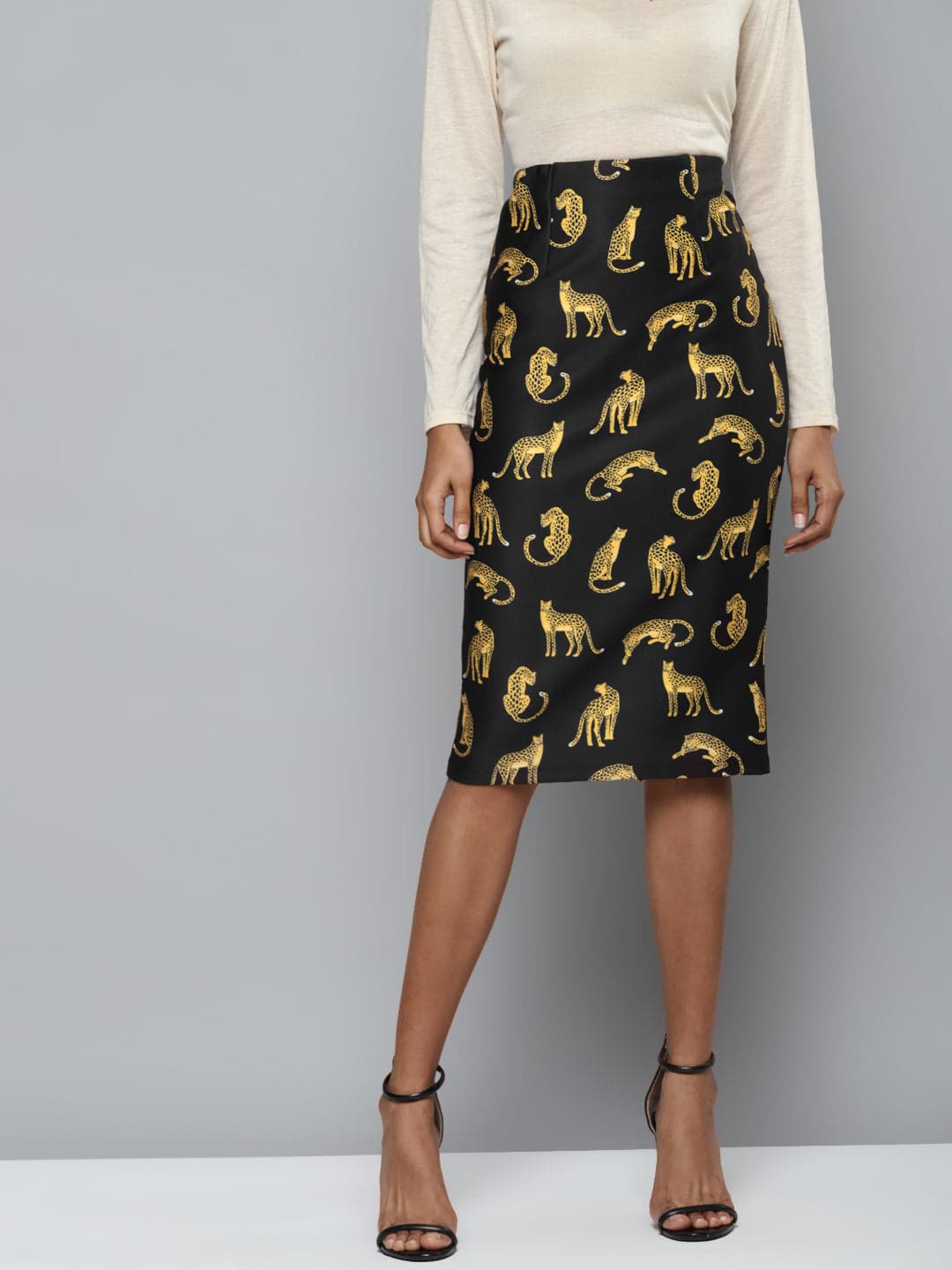 Black Scuba Cheetah Print Pencil Skirt-Skirts-SASSAFRAS
