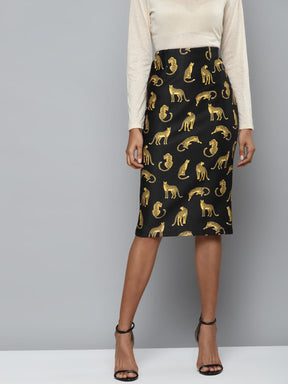Black Scuba Cheetah Print Pencil Skirt-Skirts-SASSAFRAS