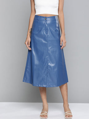 Royal Blue PU A-Line Skirt-Skirts-SASSAFRAS