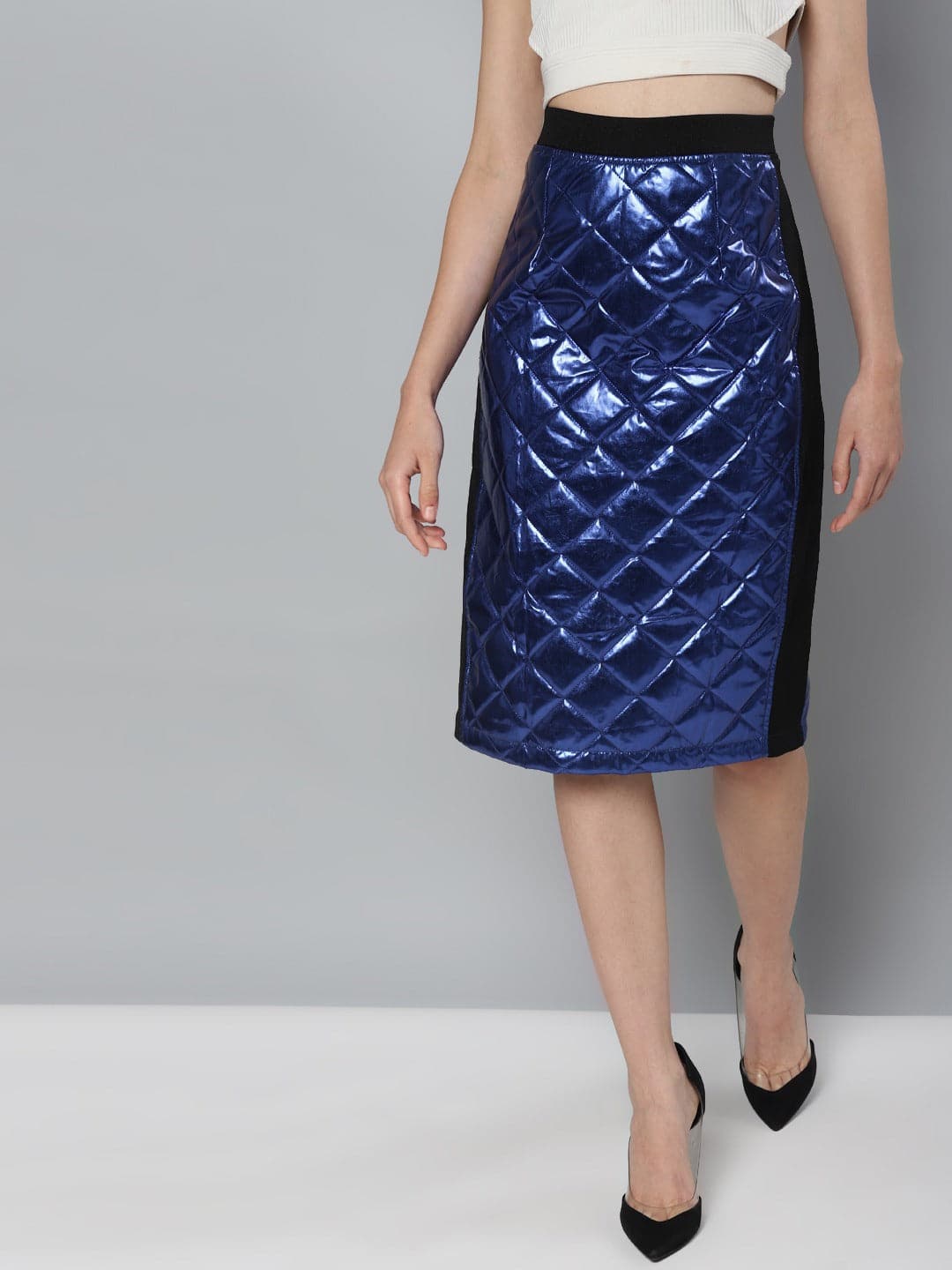 Royal Blue Mettalic Pencil Skirt-Skirts-SASSAFRAS