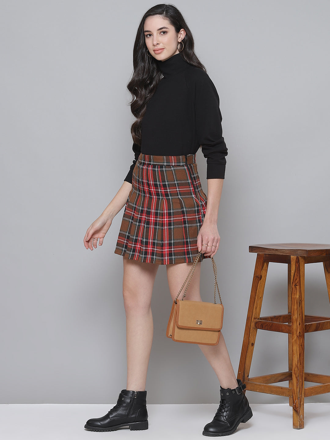 Black Plaid Check Mini Skirt