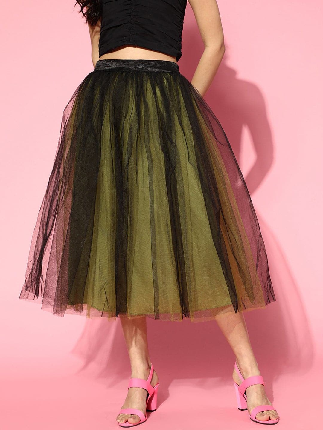 Green & Black Tulle Midi Skirt-Skirts-SASSAFRAS