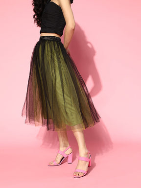 Green & Black Tulle Midi Skirt
