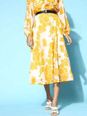 Mustard Floral A-Line Belted Skirt-Skirts-SASSAFRAS