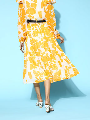 Mustard Floral A-Line Belted Skirt