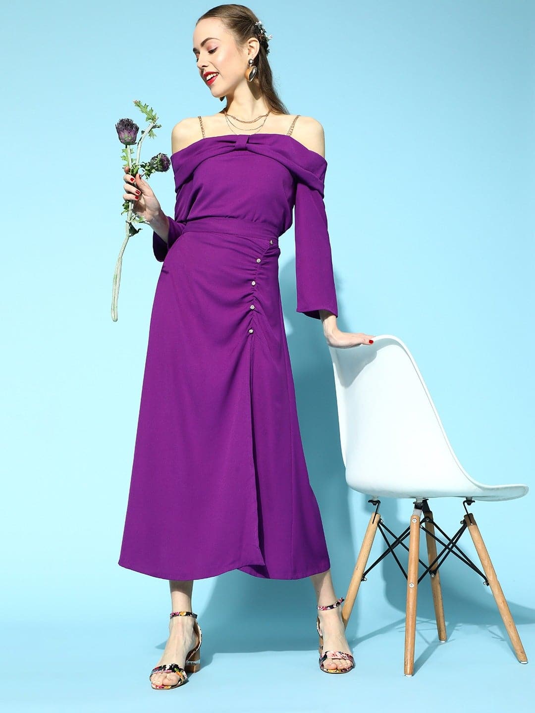 Purple Side Slit Ruched A-Line Skirt-Skirts-SASSAFRAS
