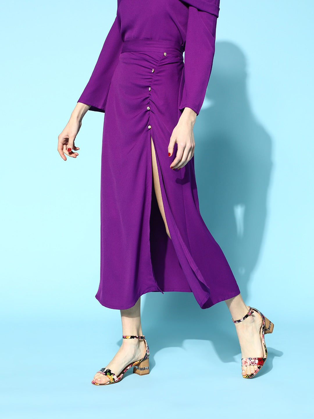 Purple Side Slit Ruched A-Line Skirt