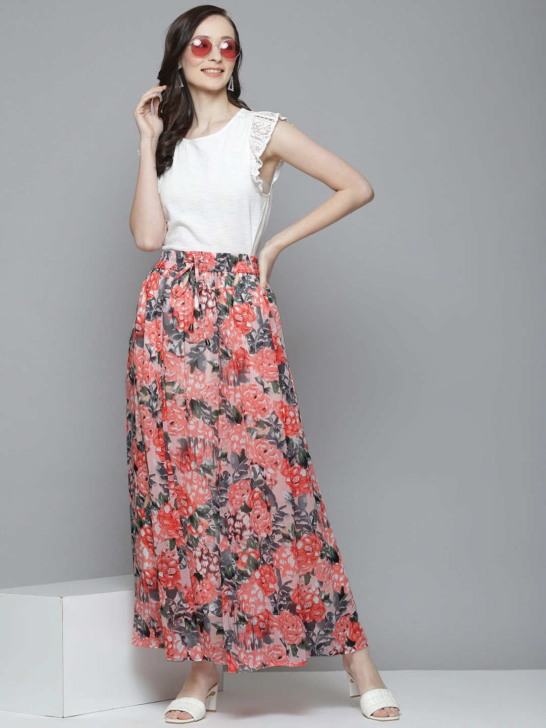 Women Peach Floral Maxi Skirt-Skirts-SASSAFRAS