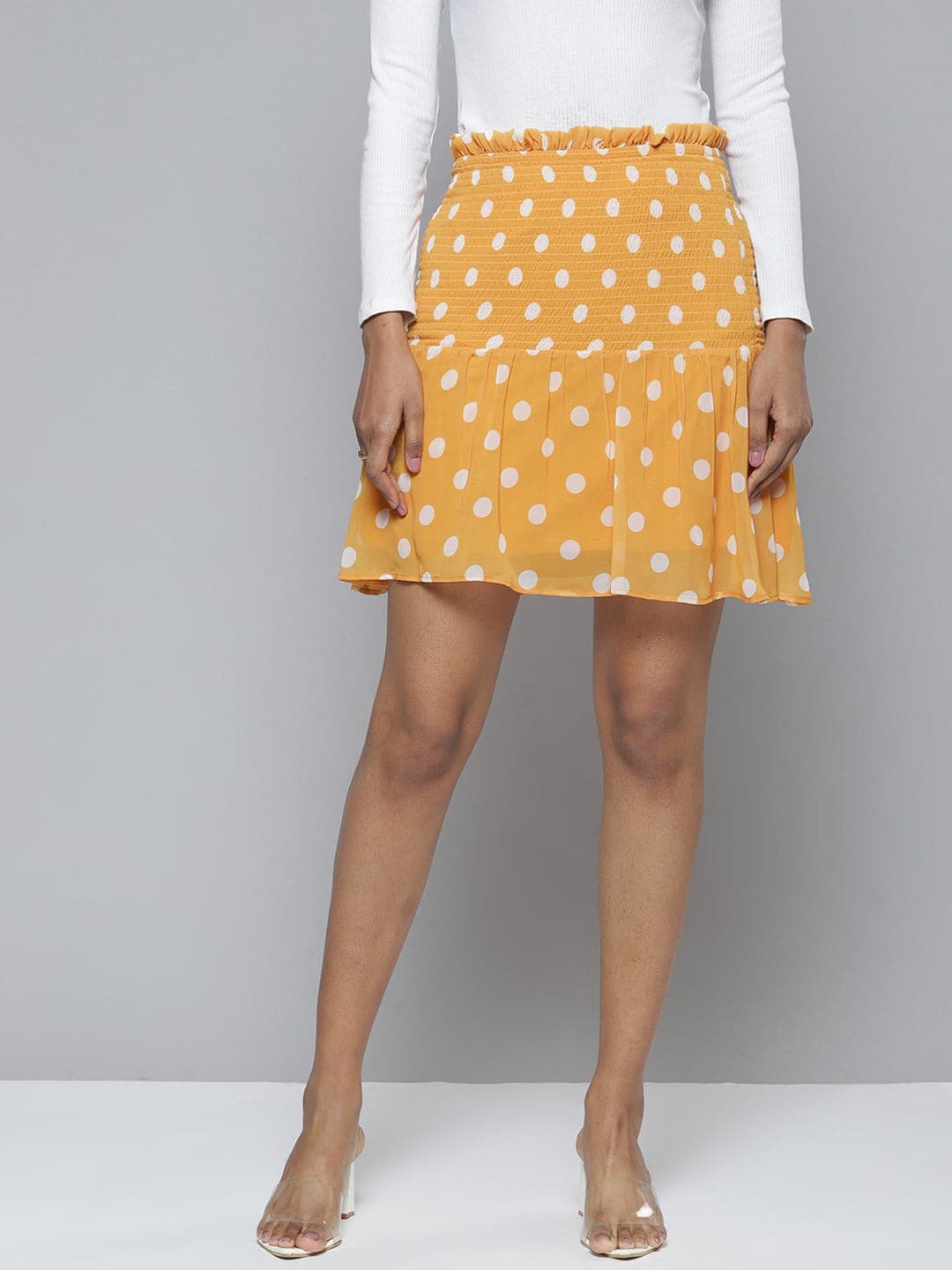 Women Mustard Polka Dot Smocked Waist Mini Skirt-Skirts-SASSAFRAS