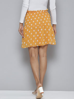 Women Mustard Polka Dot Smocked Waist Mini Skirt
