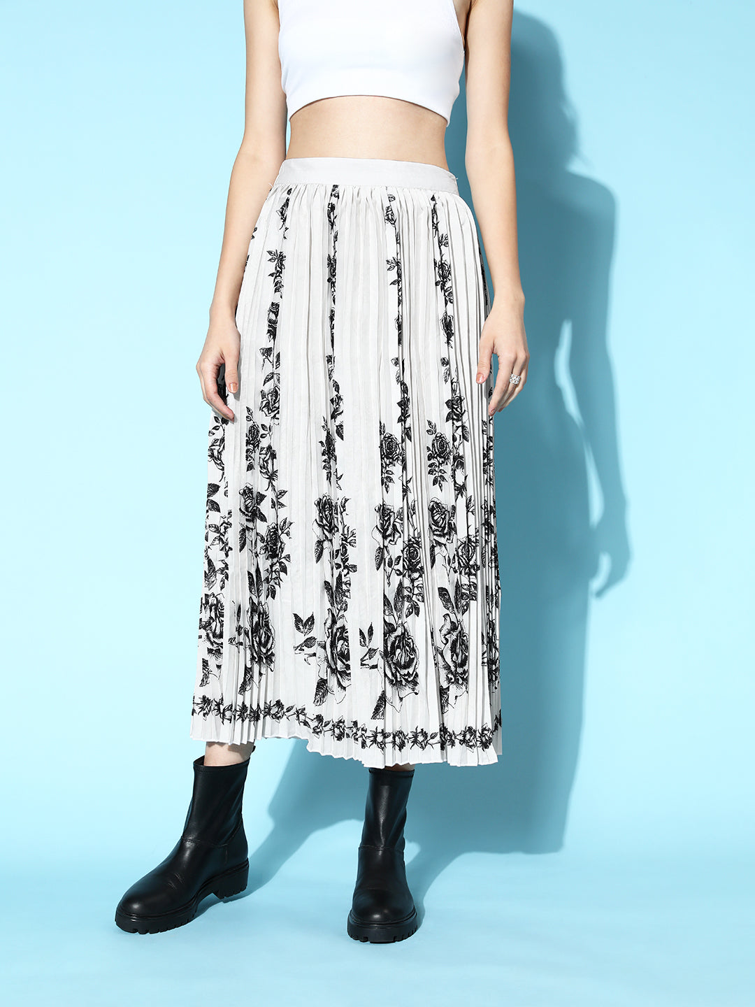Women Grey Floral Print Pleated Skirt