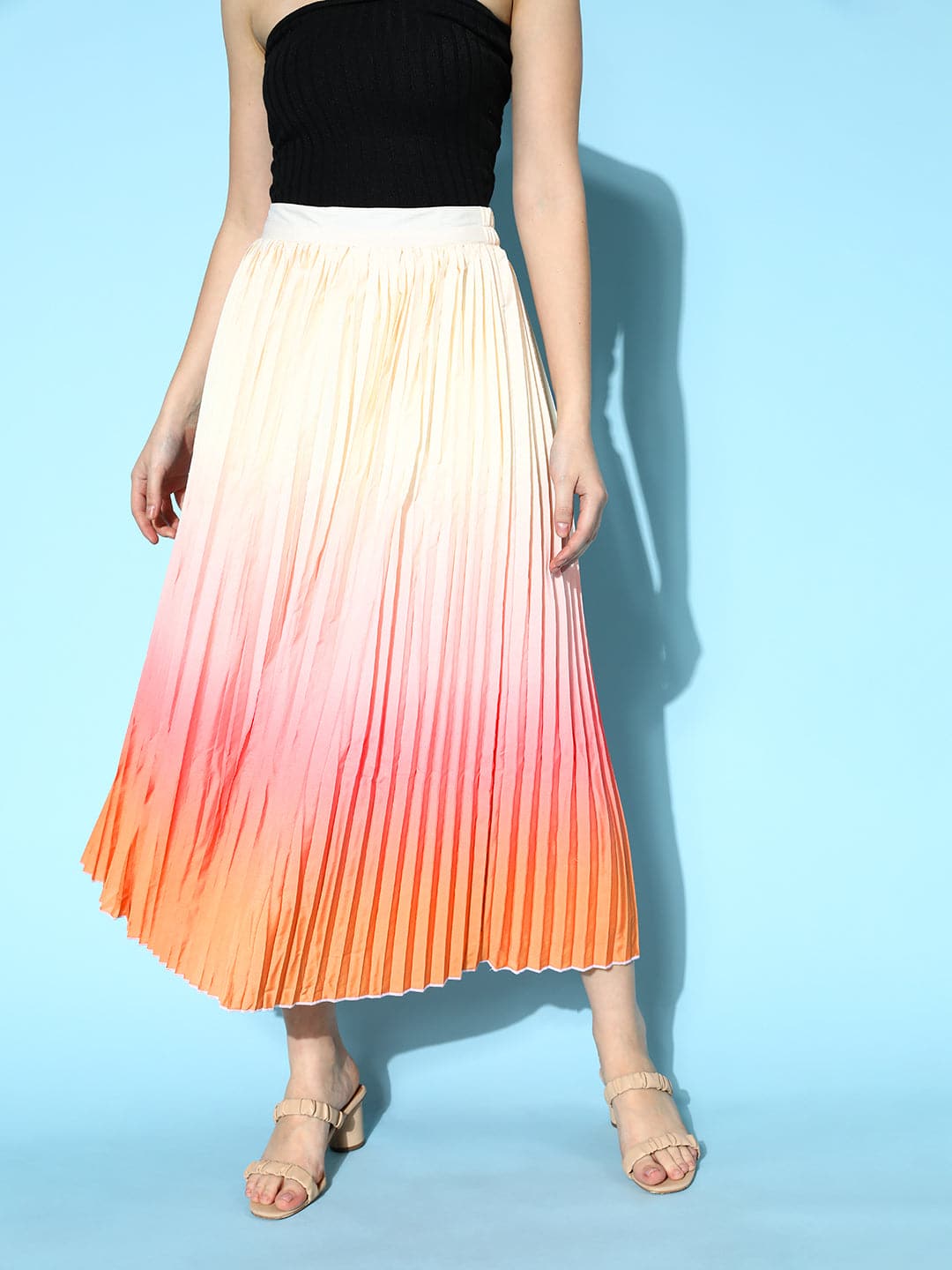 Women Peach & Orange Ombre Pleated Skirt-Skirts-SASSAFRAS