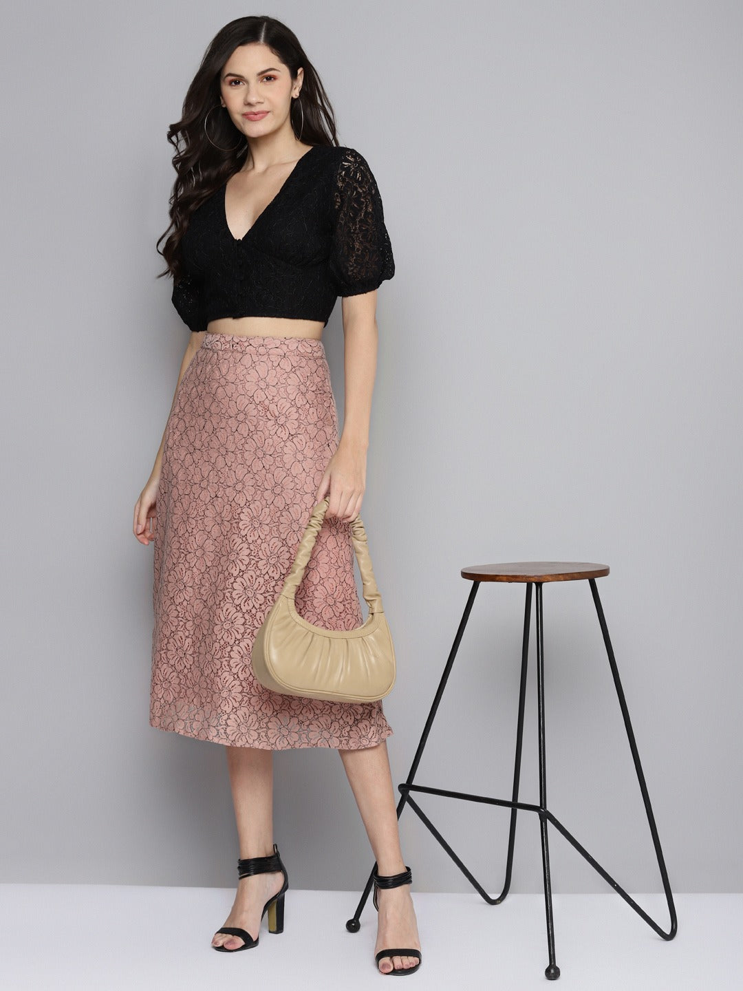 Women Dusty Pink Lace A-Line Skirt