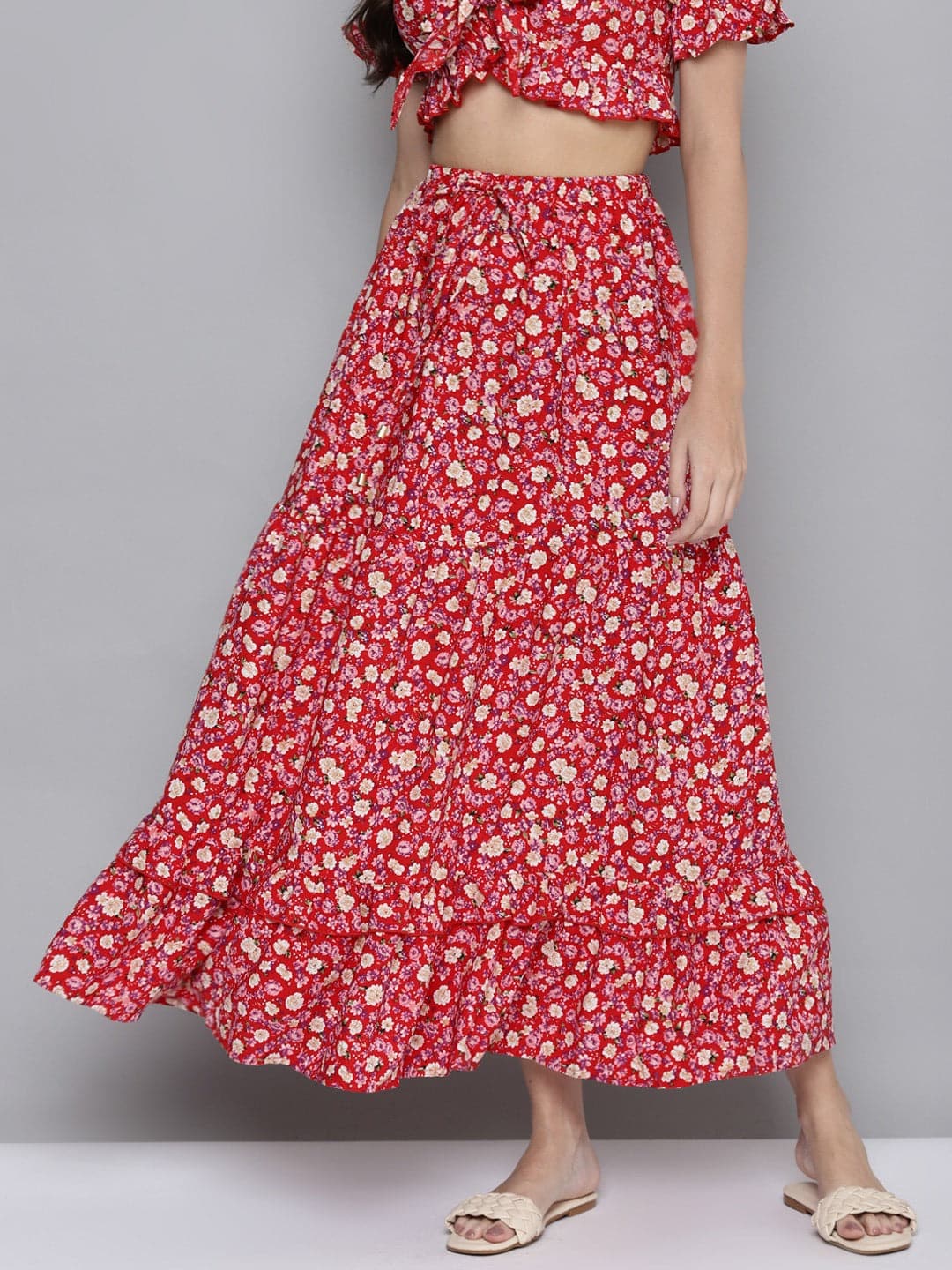 Women Red Ditsy Floral Flared Tiered Maxi Skirt-Skirts-SASSAFRAS