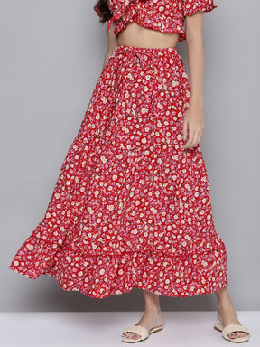 Women Red Ditsy Floral Flared Tiered Maxi Skirt-Skirts-SASSAFRAS
