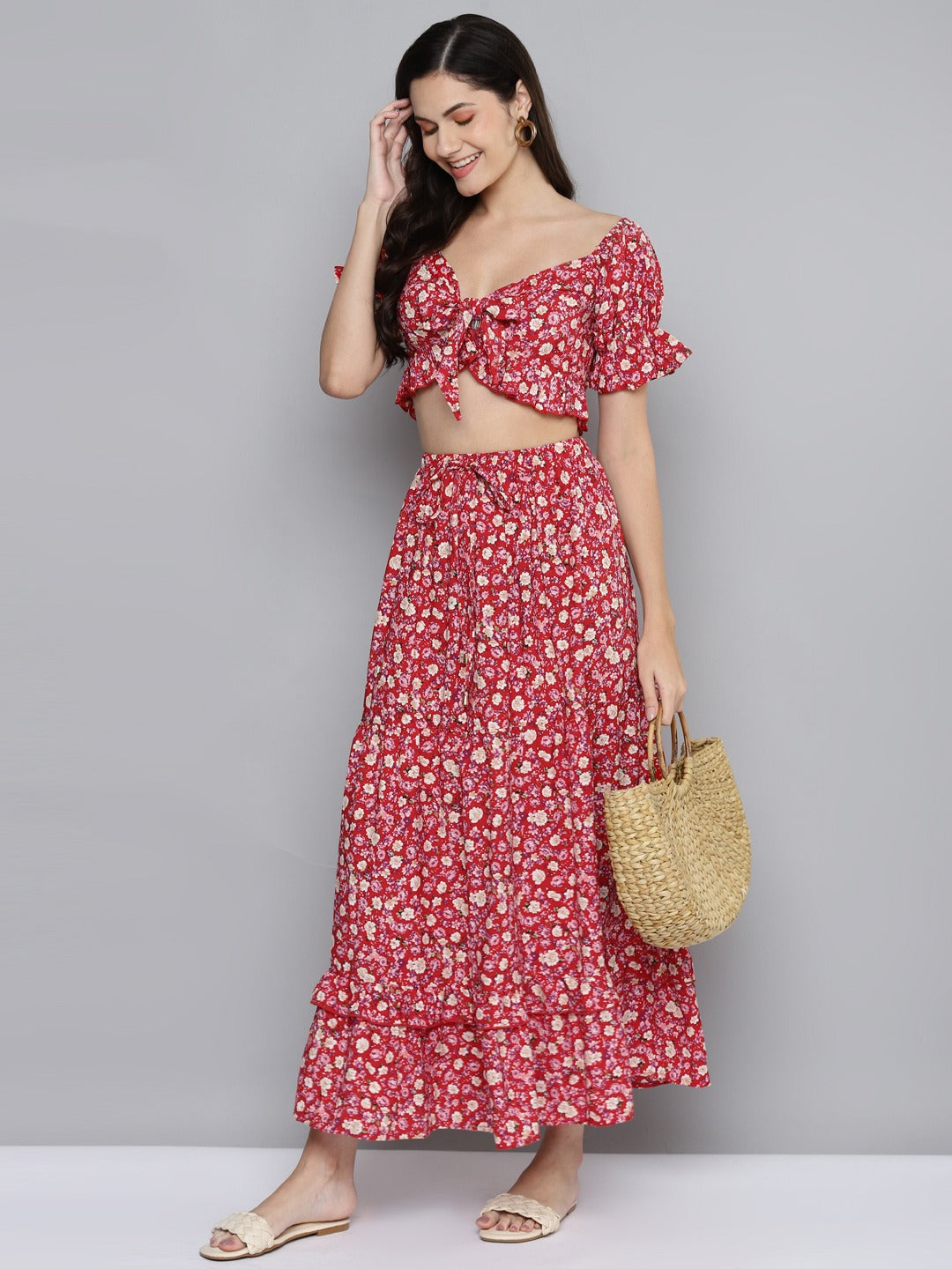Women Red Ditsy Floral Flared Tiered Maxi Skirt