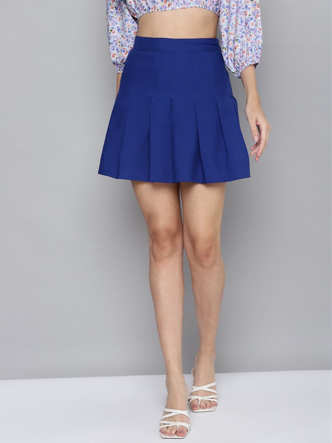 Women Royal Blue Pleated Mini Skirt-Skirts-SASSAFRAS