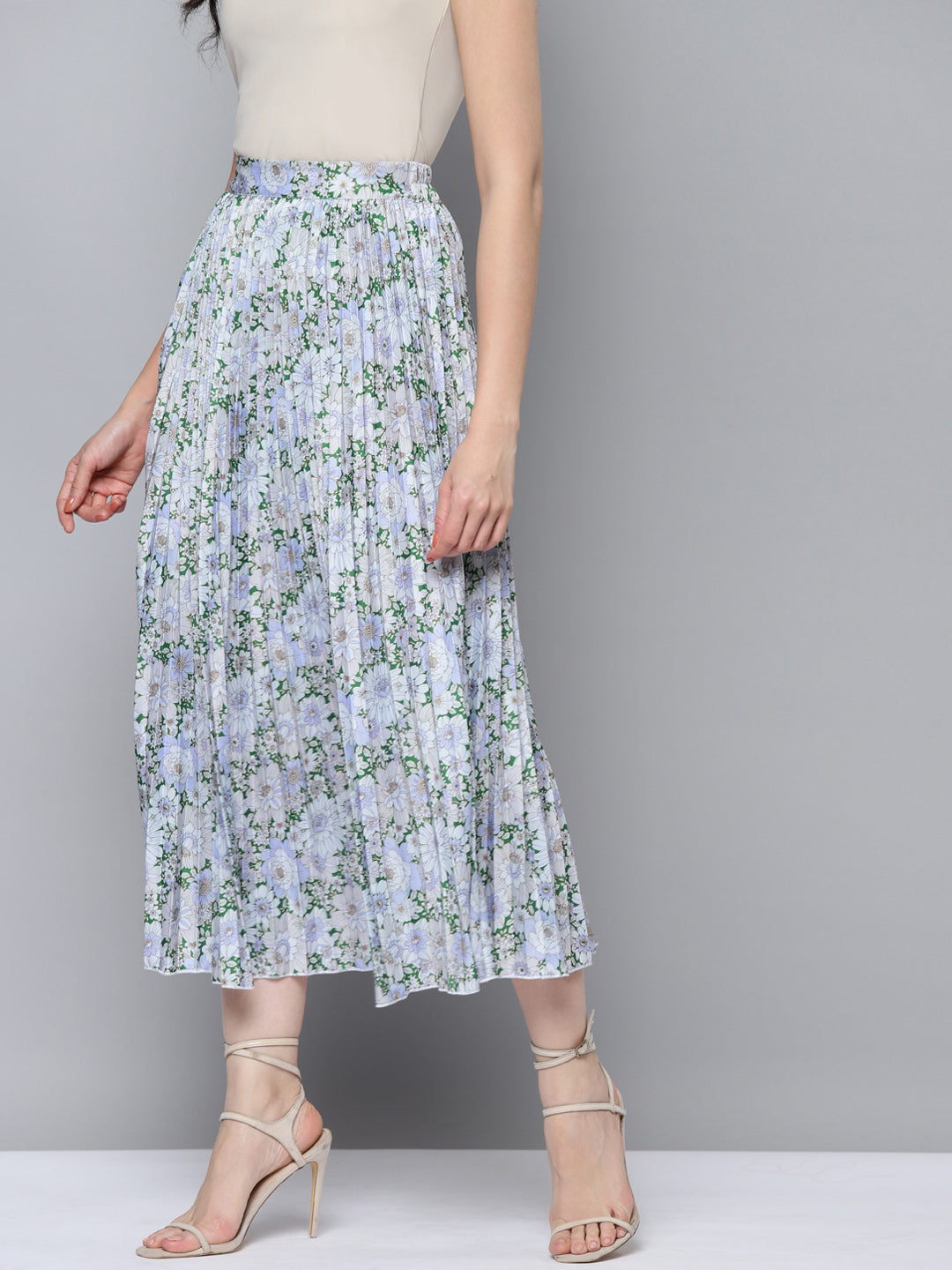Women Green Floral Pleated Skirt