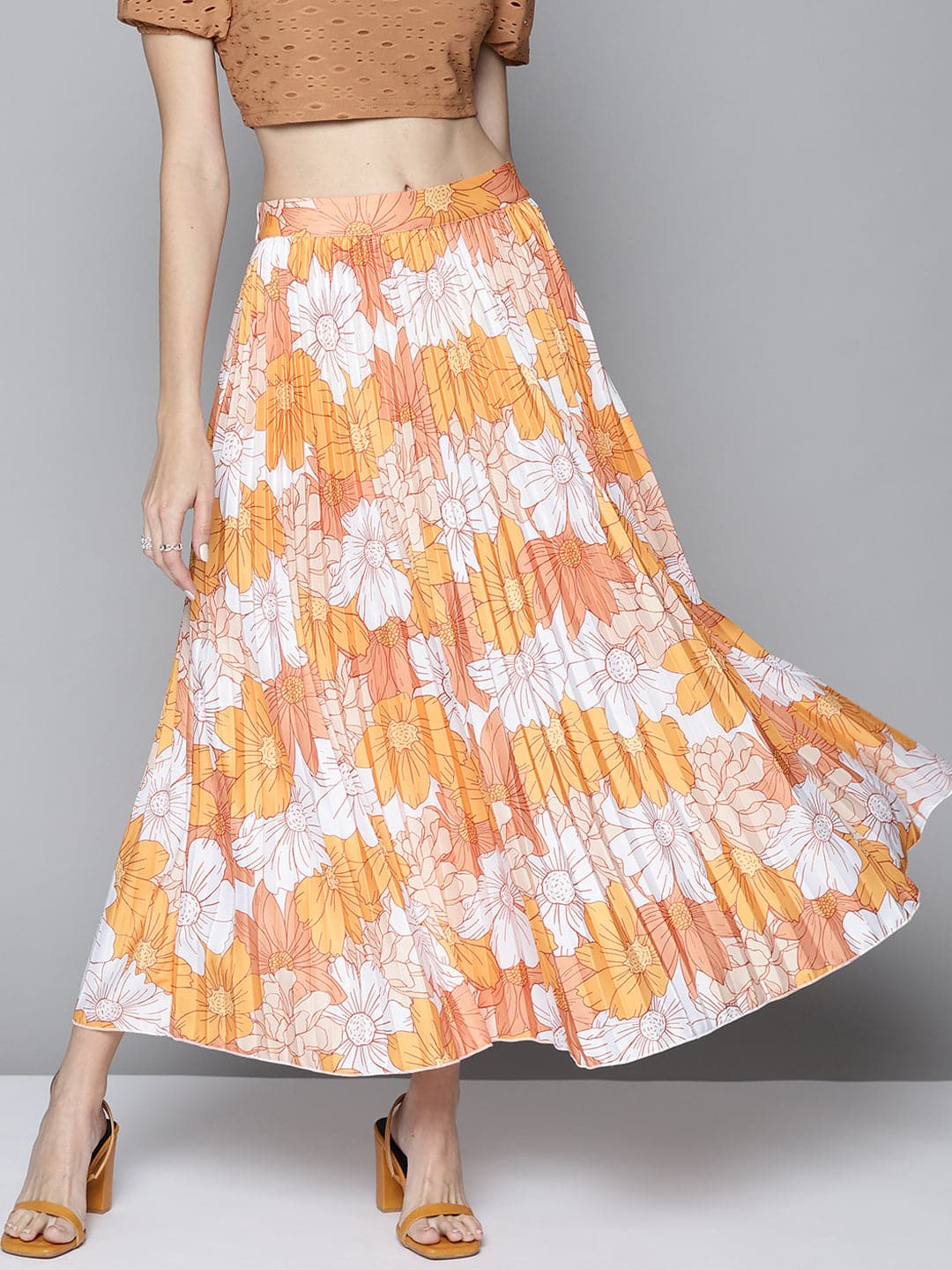 Women Mustard Floral Pleated Skirt-Skirts-SASSAFRAS