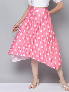 Women Pink With White Polka Dot Asymmetric Pleated Skirt-Skirts-SASSAFRAS