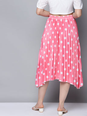 Women Pink With White Polka Dot Asymmetric Pleated Skirt
