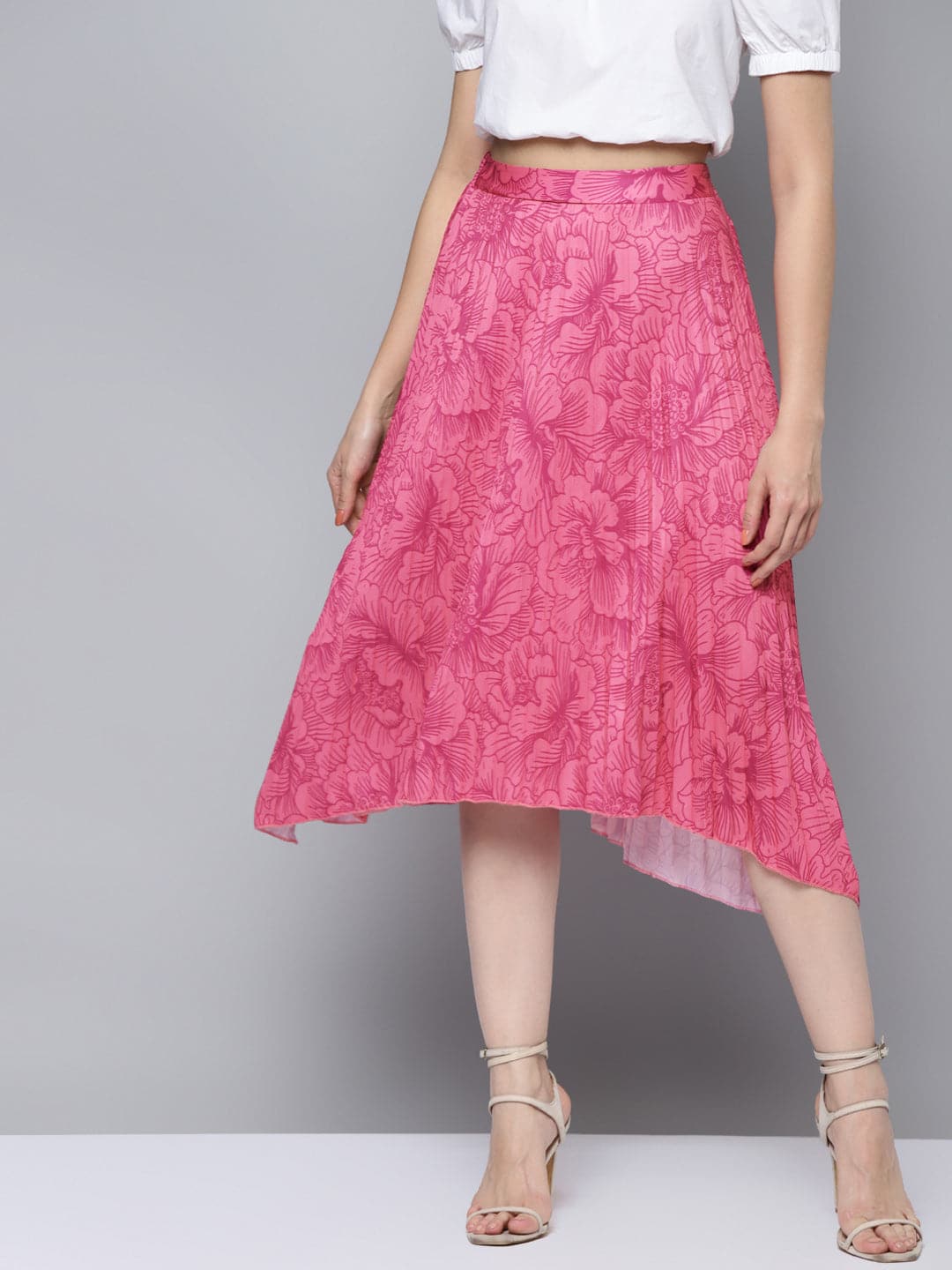 Women Fuchsia Floral Asymmetric Pleated Skirt-Skirts-SASSAFRAS