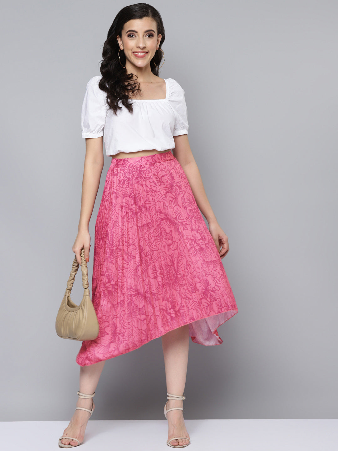 Women Fuchsia Floral Asymmetric Pleated Skirt