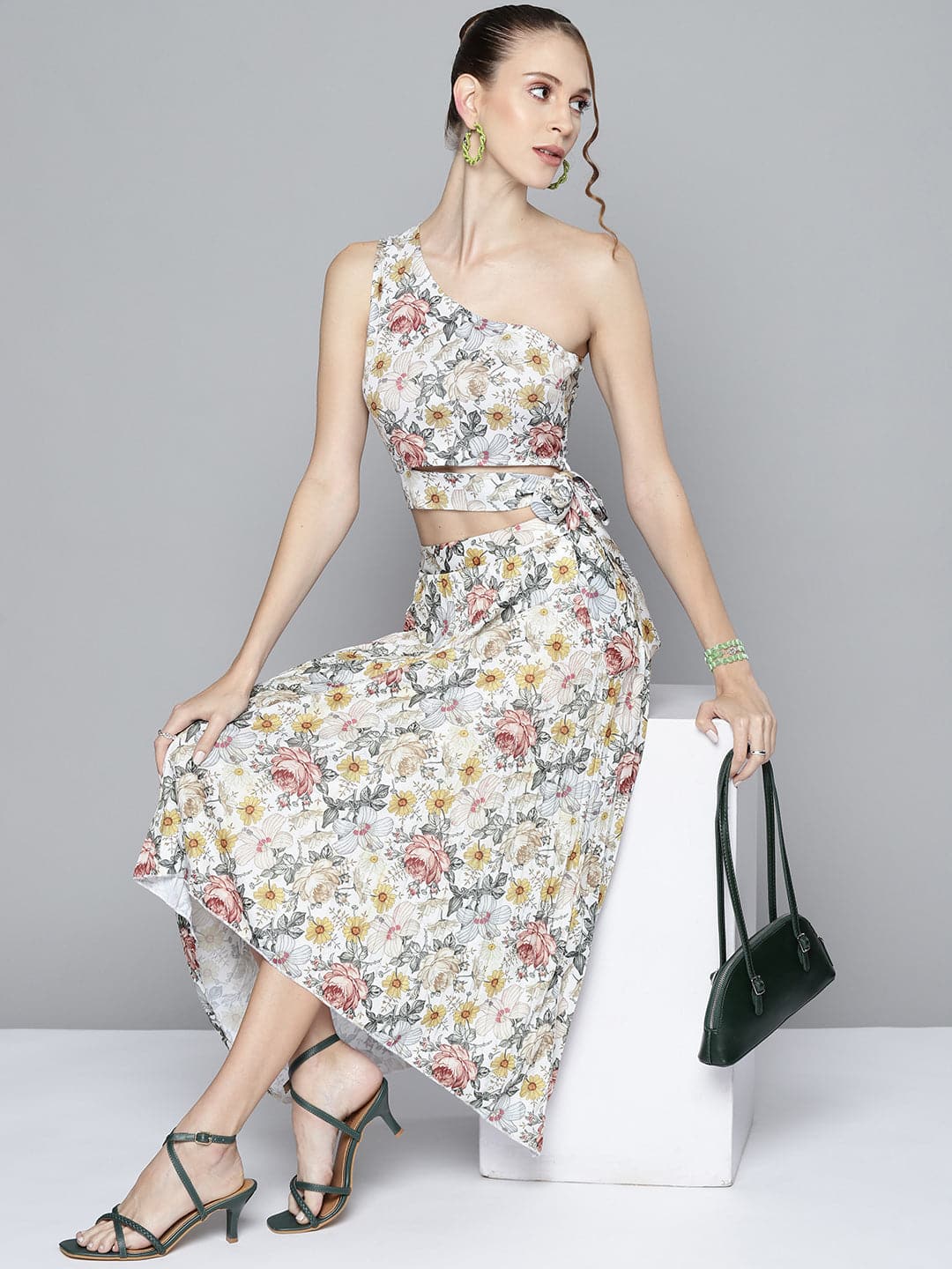 Women Off White Floral Asymmetric Pleated Skirt-Skirts-SASSAFRAS